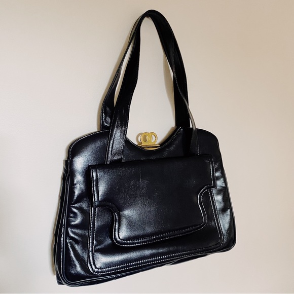 VINTAGE LEATHER Navy Blue Bag with Gold Hardware - Picture 2 of 2